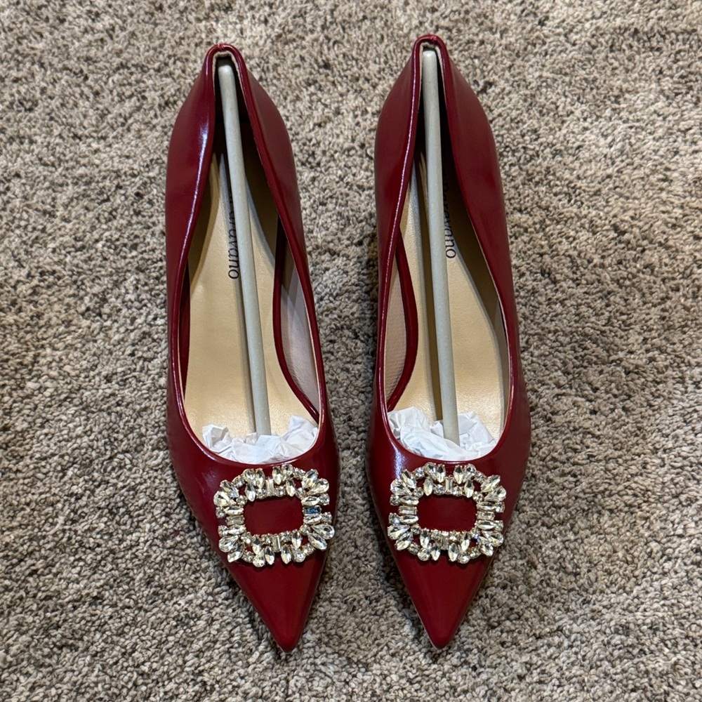 Elegant Red Women's Shoes with Embellished Buckle.  Size 6